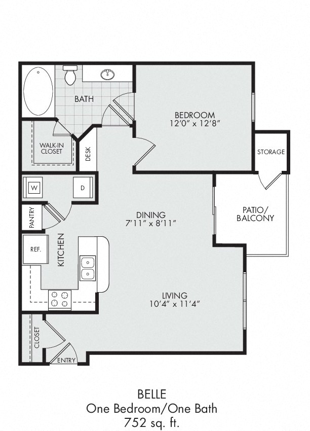 Floor plan for 1 bed, 1 bath, 788 sqft